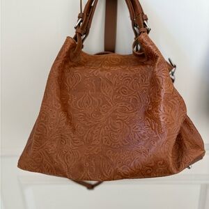 Embossed Leather Shoulder Bag - Brown